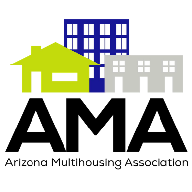 Logo featuring a green house, a blue and white apartment building, and two gray townhouses above the letters "AMA," representing the Arizona Multihousing Association.