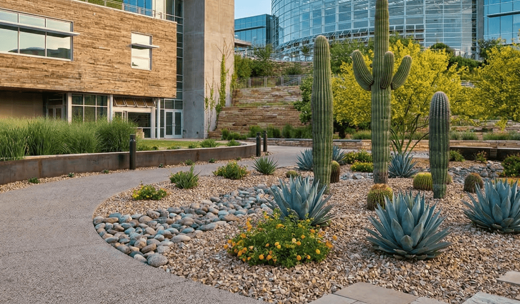 A modern office building with a landscaped courtyard featuring cacti, agave plants, flowering shrubs, rocks, and gravel paths.