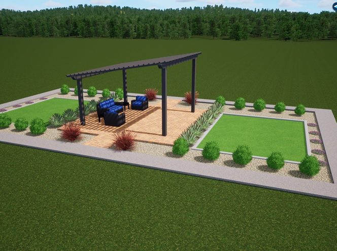 Rectangular garden design with a central pergola seating area, two lawn sections, gravel paths, and surrounding plants; bordered by open grassy space.