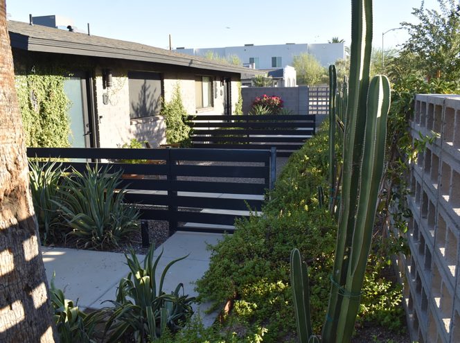 A modern single-story house with a walkway, black horizontal fencing, desert plants, cacti, and a gray concrete block wall in a sunny setting.