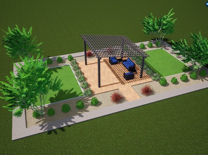 Rectangular garden with a central pergola over seating, surrounded by grass, shrubs, and trees, bordered by gravel and paved pathways.