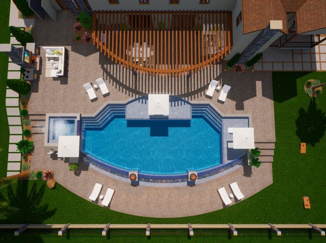 Aerial view of a backyard with a large swimming pool, umbrella-shaded lounge chairs, hot tub, outdoor kitchen, and neatly landscaped garden areas.