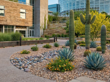 A modern office building with a landscaped courtyard featuring cacti, agave plants, flowering shrubs, rocks, and gravel paths.