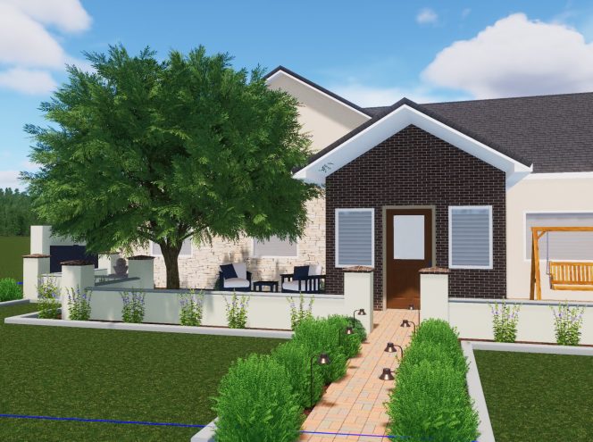 3D rendering of a house exterior with a front walkway, seating area under a tree, small hedges, and a wooden porch swing.